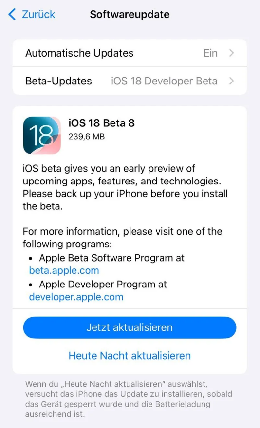 榆林苹果手机维修分享苹果 iOS / iPadOS 18 开发者预览版 Beta 8 发布 